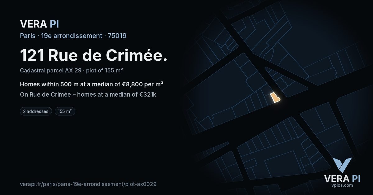 121 Rue de Crimée, 19e arrondissement at night – the plot lit, the parcels around coloured by the prices near them