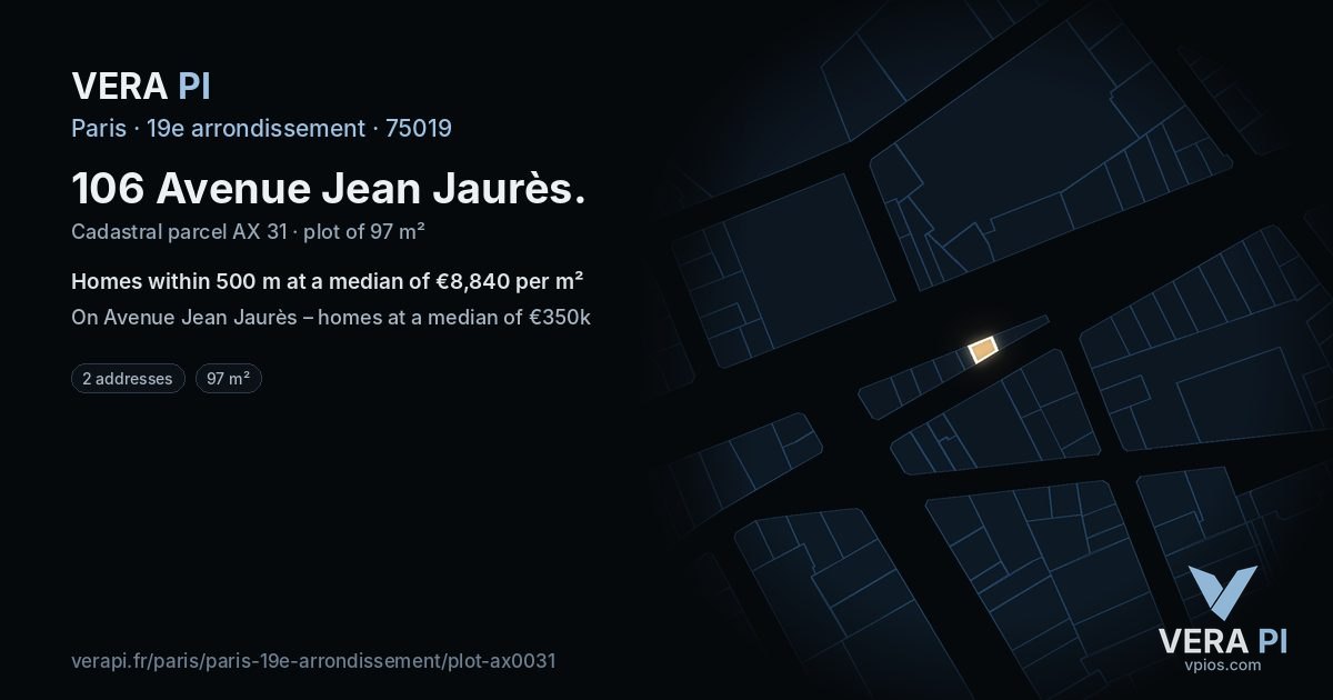 106 Avenue Jean Jaurès, 19e arrondissement at night – the plot lit, the parcels around coloured by the prices near them