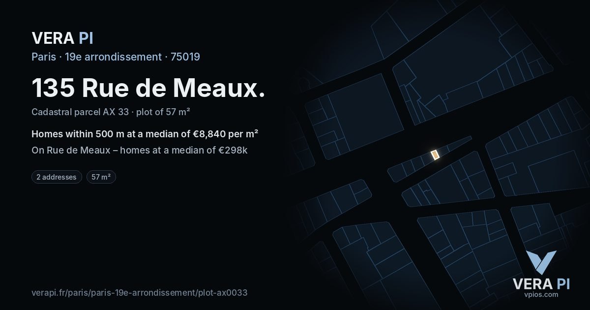 135 Rue de Meaux, 19e arrondissement at night – the plot lit, the parcels around coloured by the prices near them