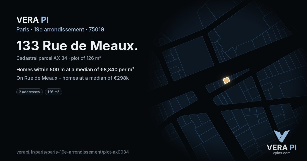133 Rue de Meaux, 19e arrondissement at night – the plot lit, the parcels around coloured by the prices near them