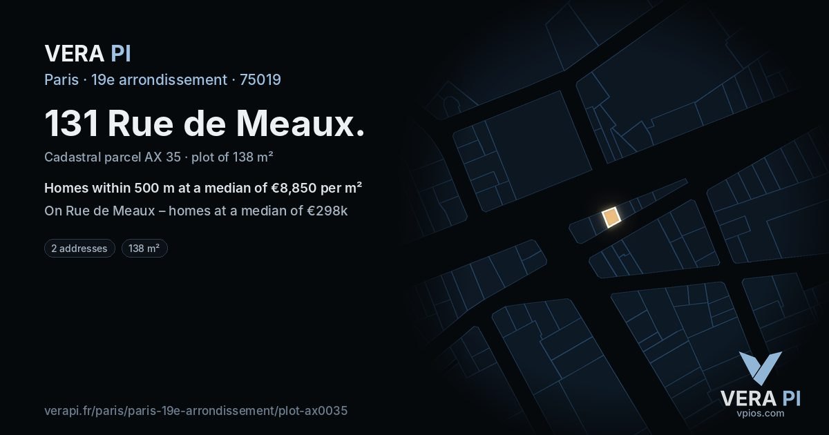 131 Rue de Meaux, 19e arrondissement at night – the plot lit, the parcels around coloured by the prices near them