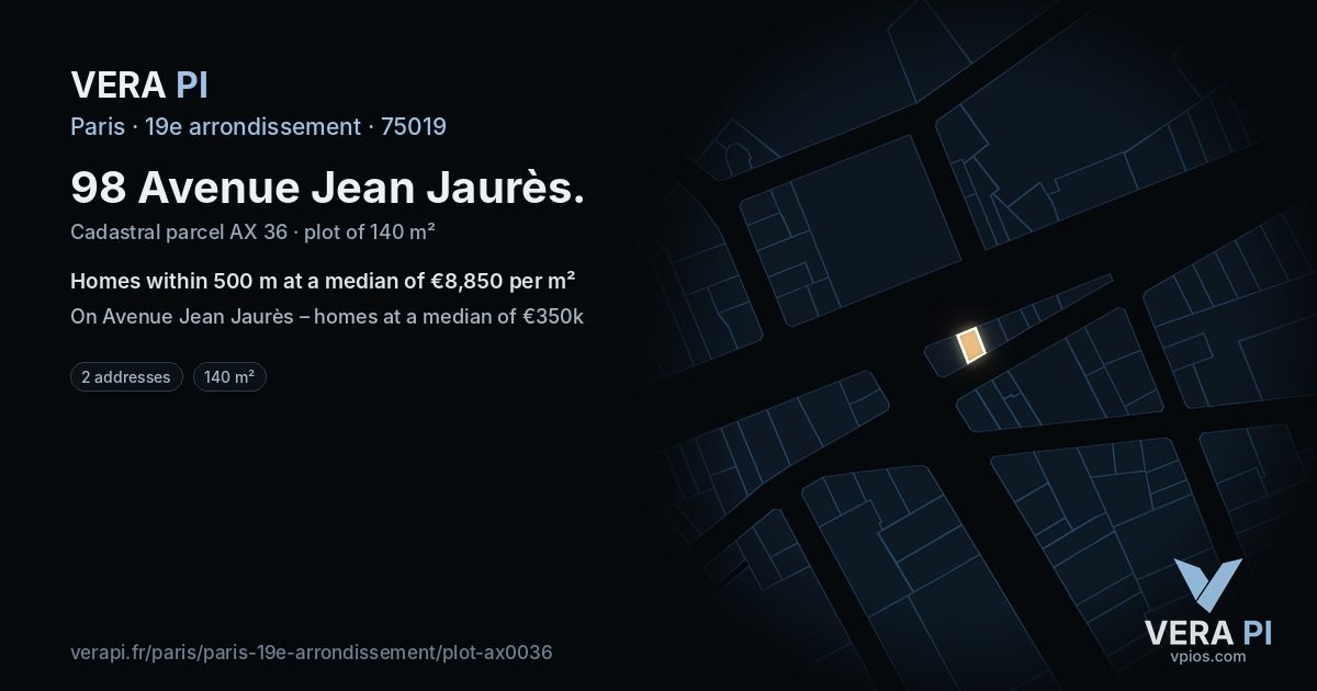 98 Avenue Jean Jaurès, 19e arrondissement at night – the plot lit, the parcels around coloured by the prices near them