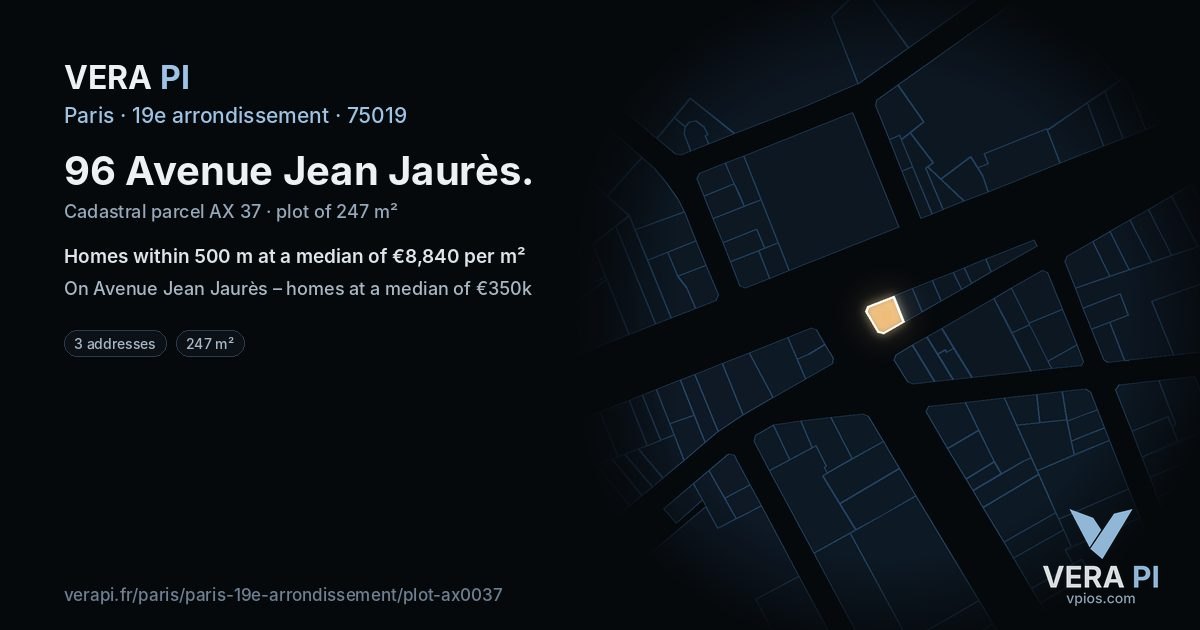 96 Avenue Jean Jaurès, 19e arrondissement at night – the plot lit, the parcels around coloured by the prices near them