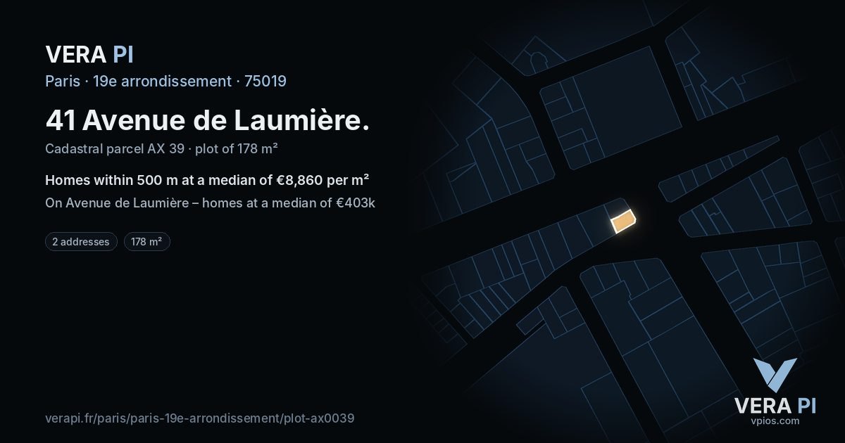 41 Avenue de Laumière, 19e arrondissement at night – the plot lit, the parcels around coloured by the prices near them