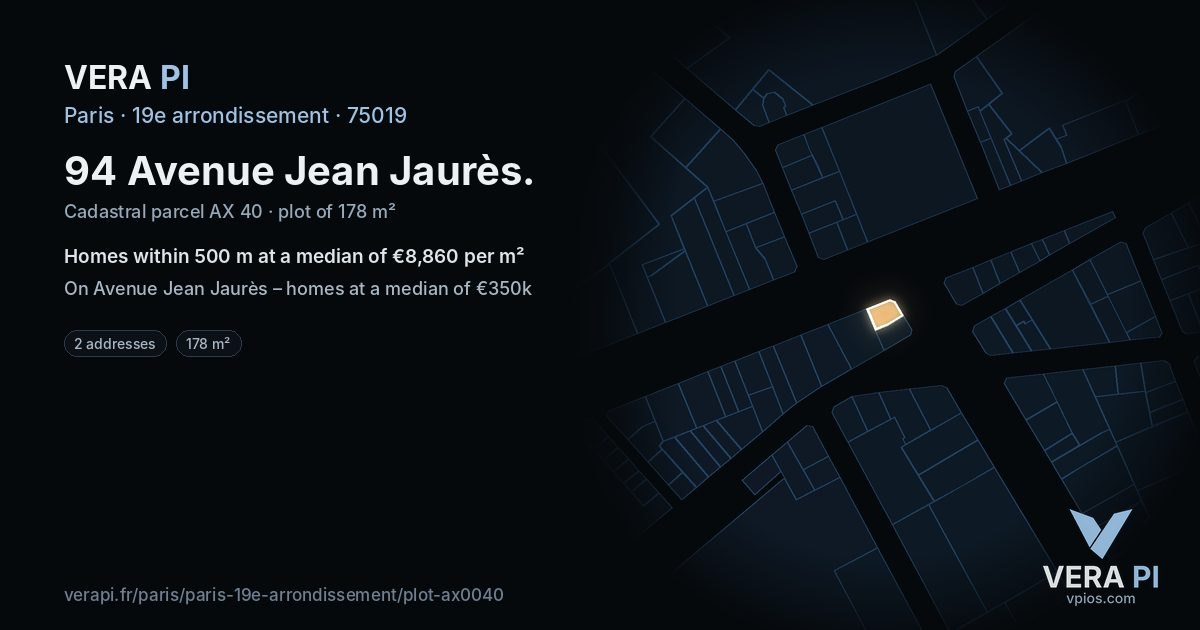 94 Avenue Jean Jaurès, 19e arrondissement at night – the plot lit, the parcels around coloured by the prices near them