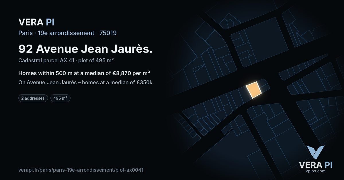 92 Avenue Jean Jaurès, 19e arrondissement at night – the plot lit, the parcels around coloured by the prices near them