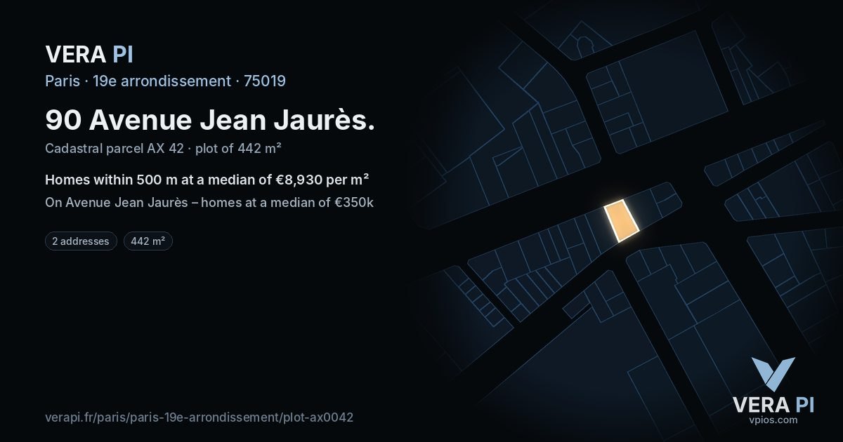 90 Avenue Jean Jaurès, 19e arrondissement at night – the plot lit, the parcels around coloured by the prices near them