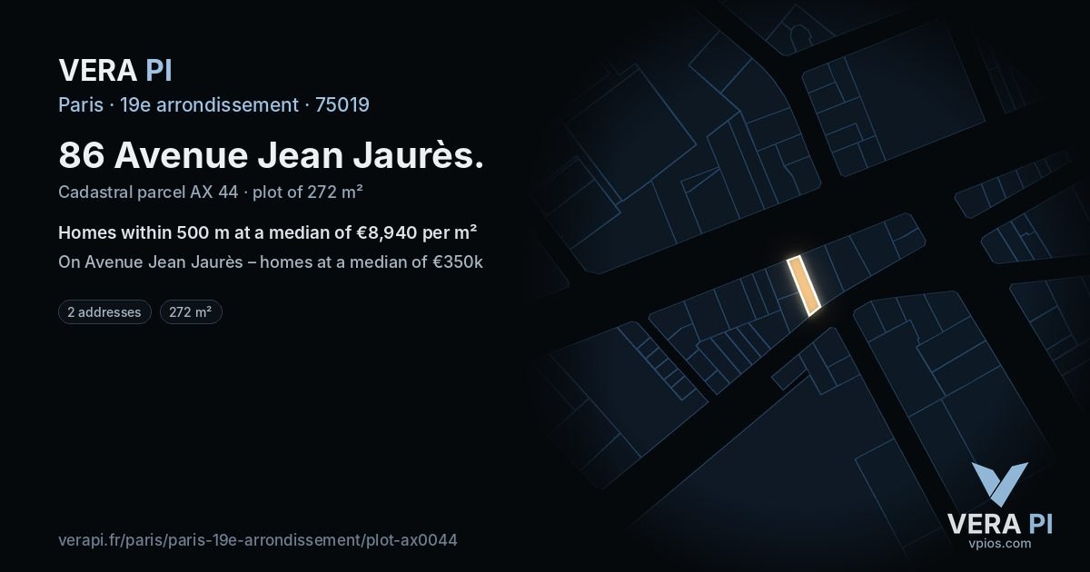 86 Avenue Jean Jaurès, 19e arrondissement at night – the plot lit, the parcels around coloured by the prices near them