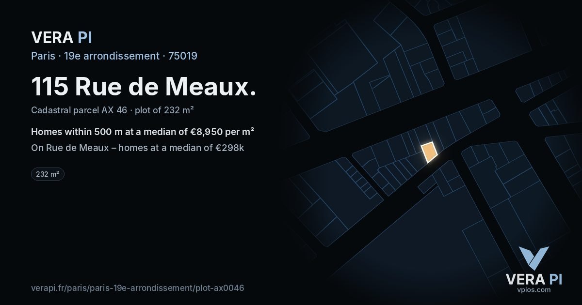 115 Rue de Meaux, 19e arrondissement at night – the plot lit, the parcels around coloured by the prices near them