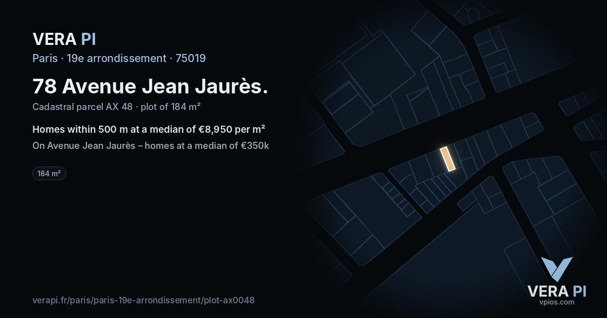 78 Avenue Jean Jaurès, 19e arrondissement at night – the plot lit, the parcels around coloured by the prices near them