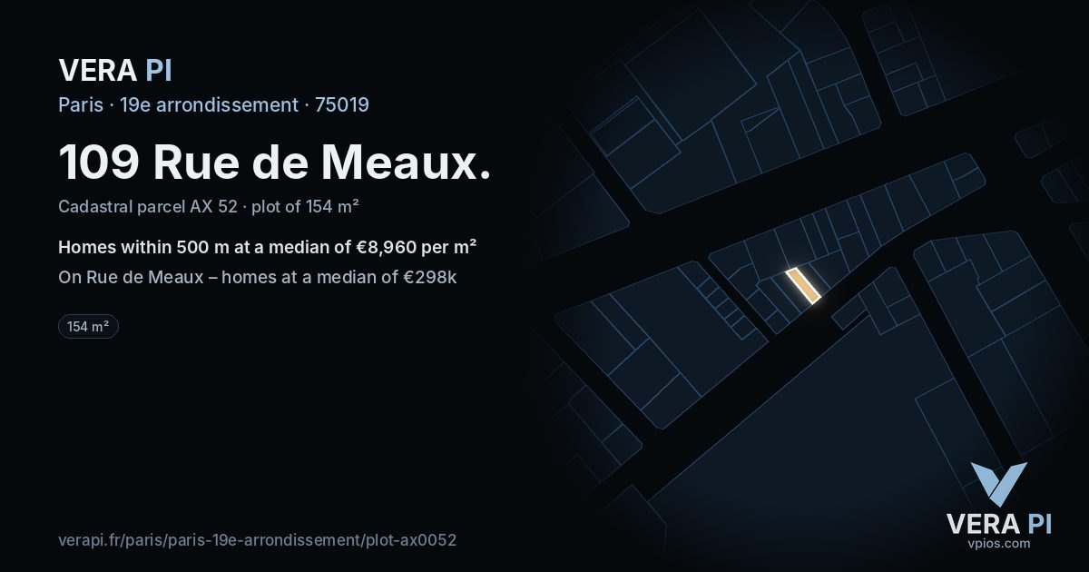 109 Rue de Meaux, 19e arrondissement at night – the plot lit, the parcels around coloured by the prices near them