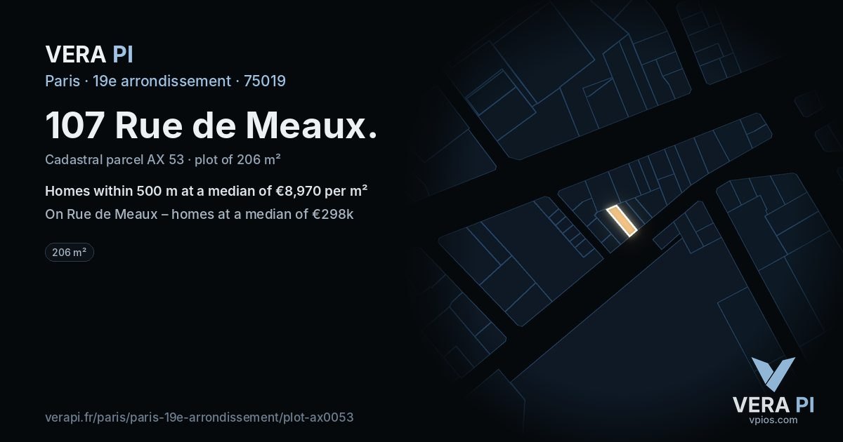 107 Rue de Meaux, 19e arrondissement at night – the plot lit, the parcels around coloured by the prices near them