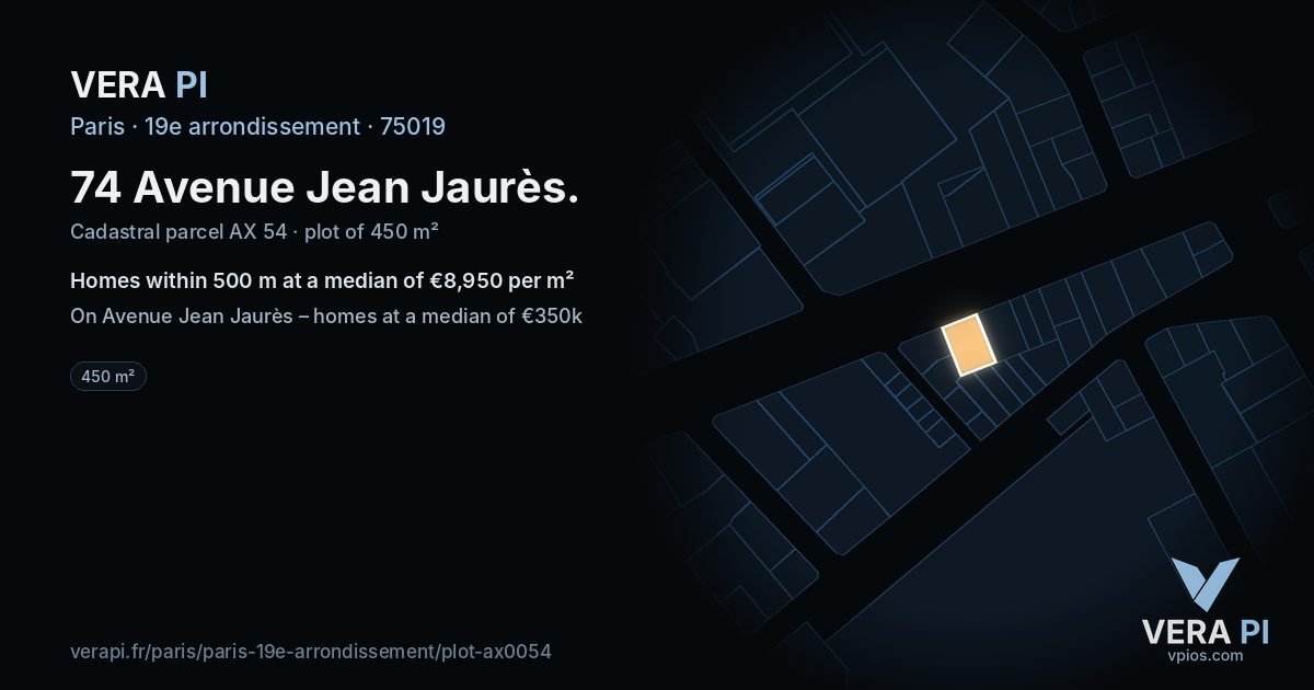 74 Avenue Jean Jaurès, 19e arrondissement at night – the plot lit, the parcels around coloured by the prices near them