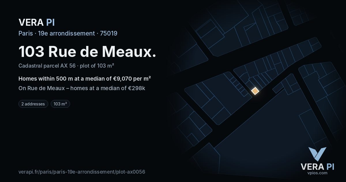 103 Rue de Meaux, 19e arrondissement at night – the plot lit, the parcels around coloured by the prices near them