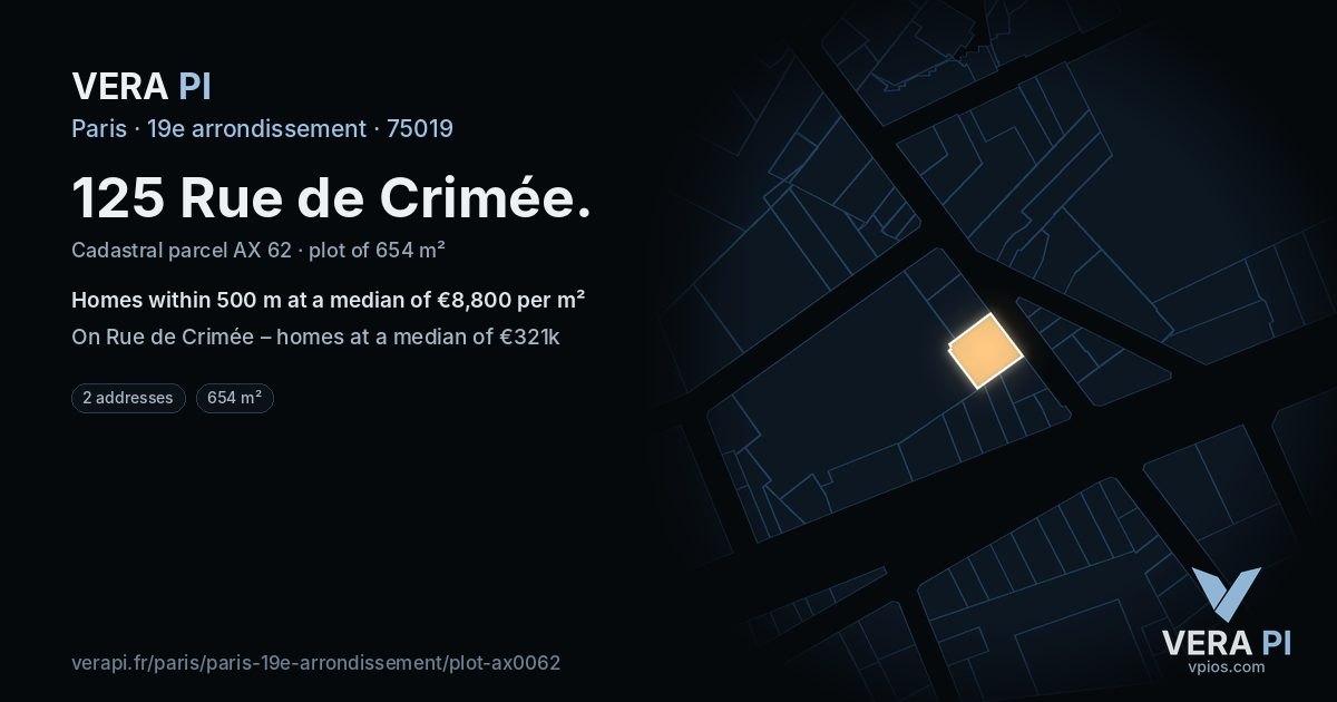 125 Rue de Crimée, 19e arrondissement at night – the plot lit, the parcels around coloured by the prices near them