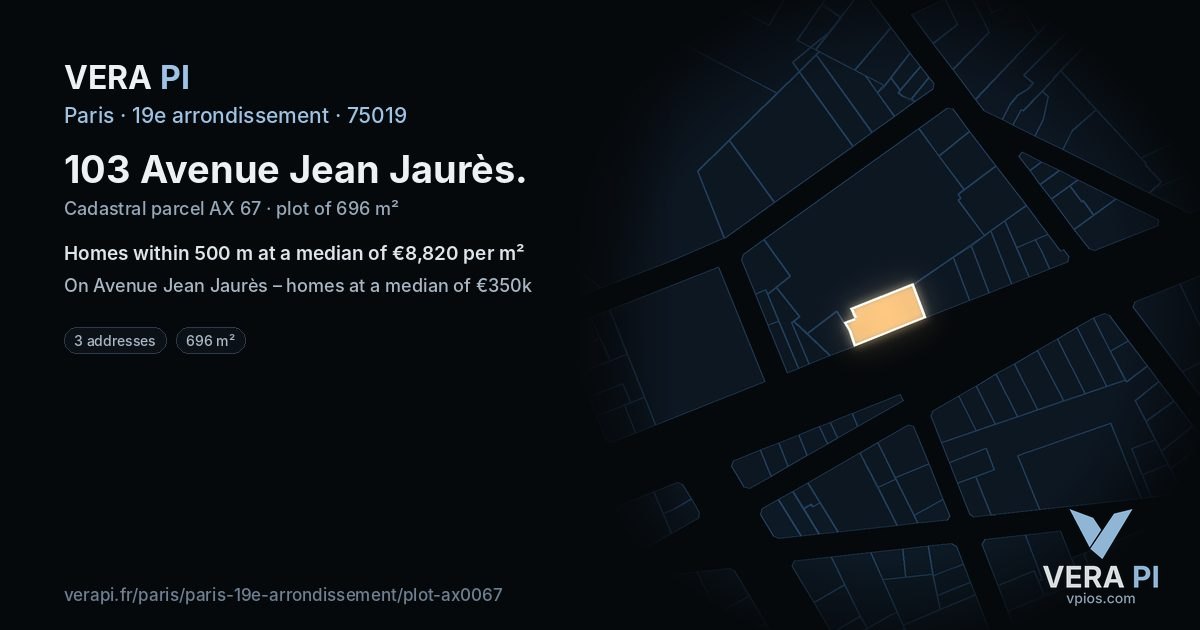 103 Avenue Jean Jaurès, 19e arrondissement at night – the plot lit, the parcels around coloured by the prices near them