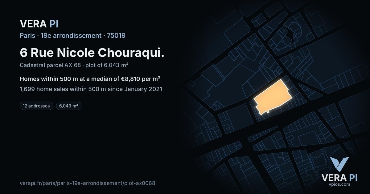 6 Rue Nicole Chouraqui, 19e arrondissement at night – the plot lit, the parcels around coloured by the prices near them