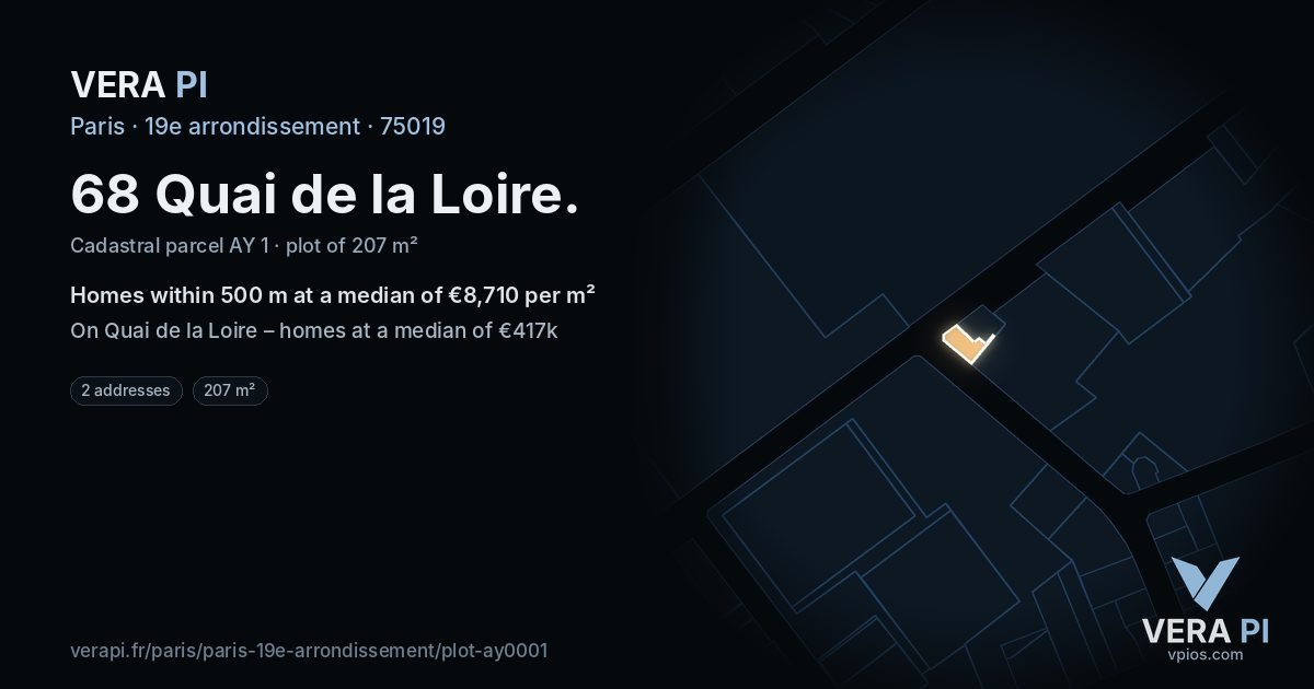 68 Quai de la Loire, 19e arrondissement at night – the plot lit, the parcels around coloured by the prices near them
