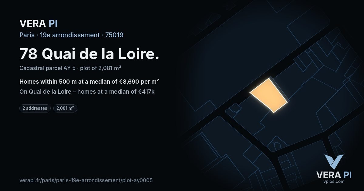 78 Quai de la Loire, 19e arrondissement at night – the plot lit, the parcels around coloured by the prices near them