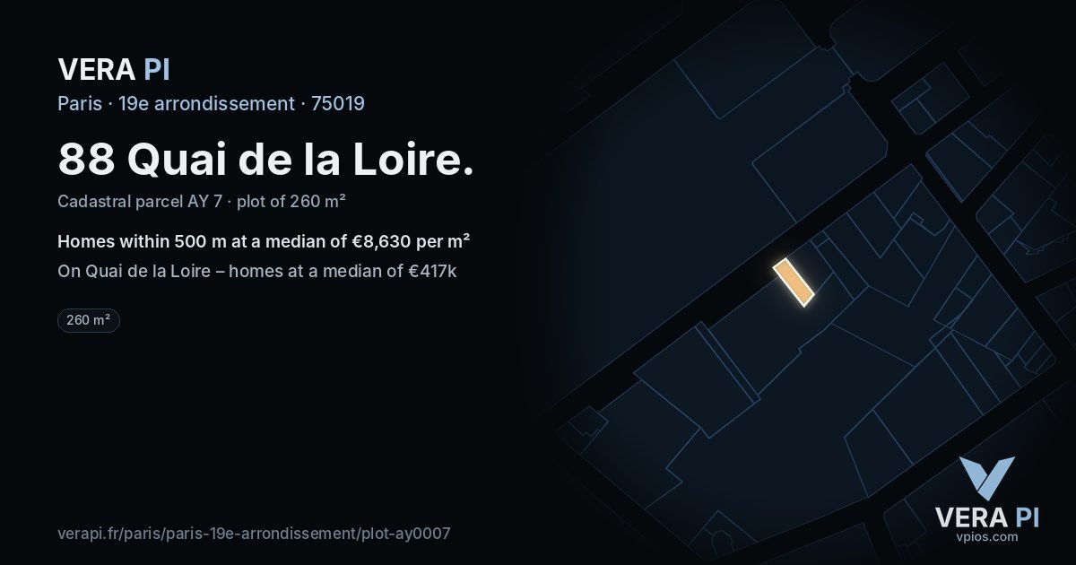 88 Quai de la Loire, 19e arrondissement at night – the plot lit, the parcels around coloured by the prices near them