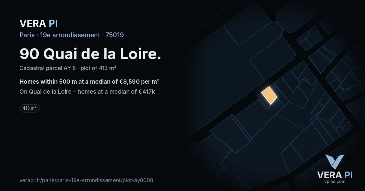 90 Quai de la Loire, 19e arrondissement at night – the plot lit, the parcels around coloured by the prices near them