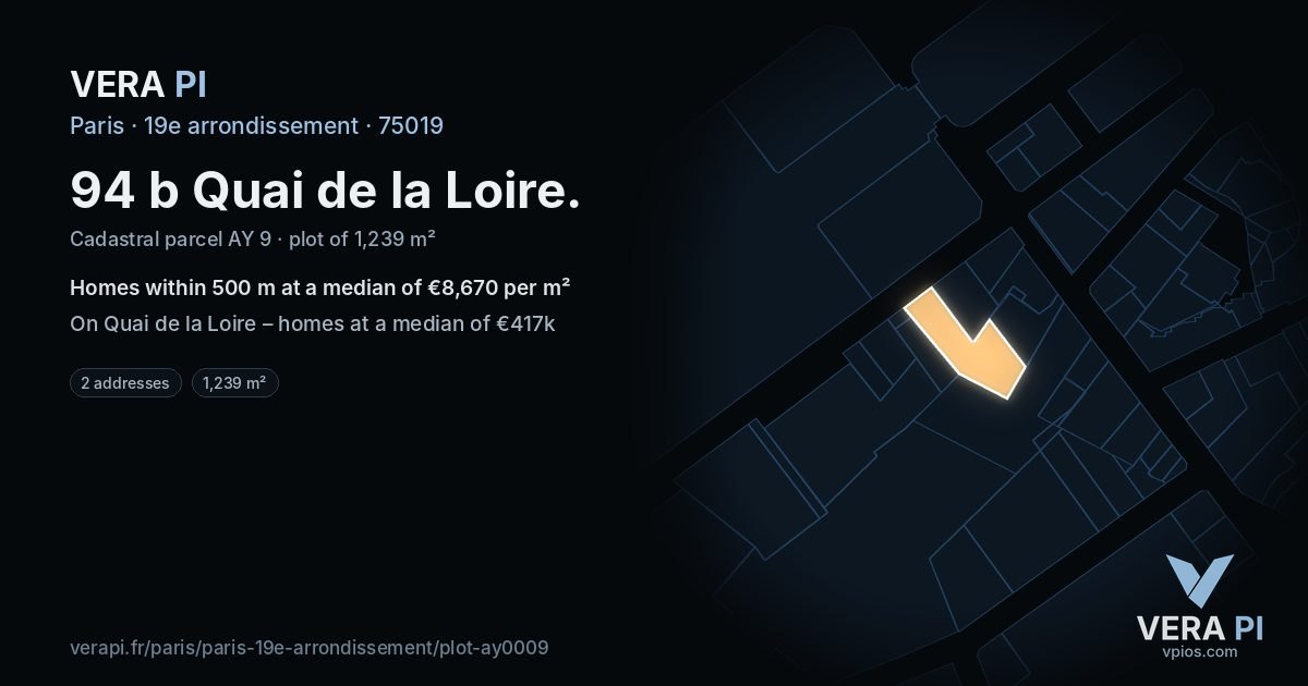 94 b Quai de la Loire, 19e arrondissement at night – the plot lit, the parcels around coloured by the prices near them