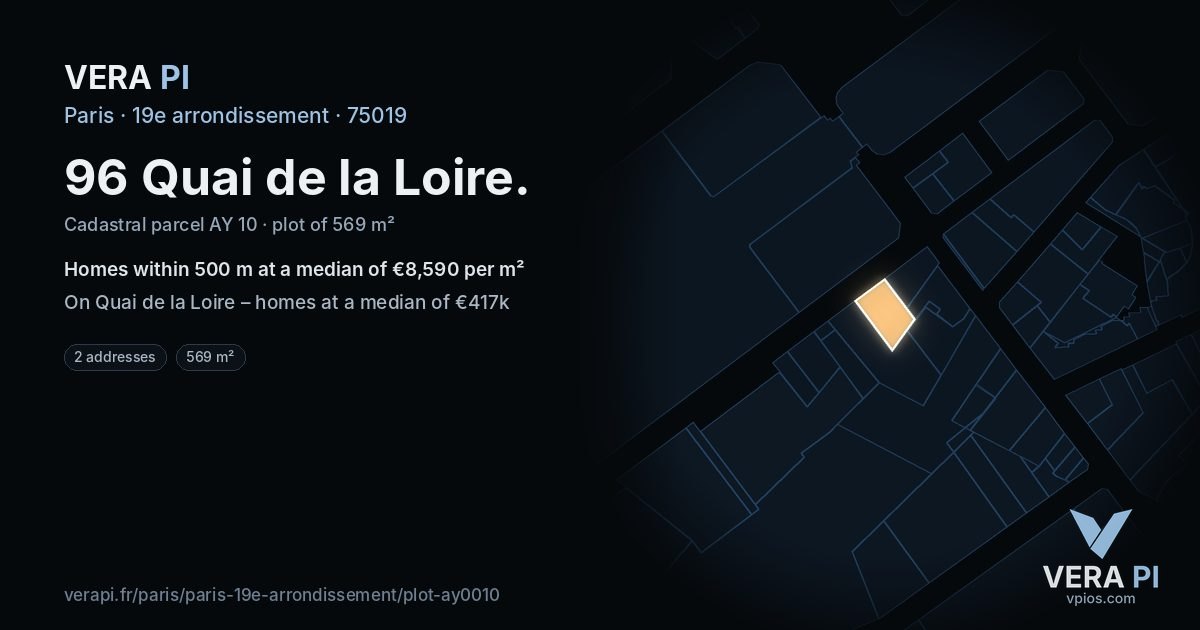 96 Quai de la Loire, 19e arrondissement at night – the plot lit, the parcels around coloured by the prices near them