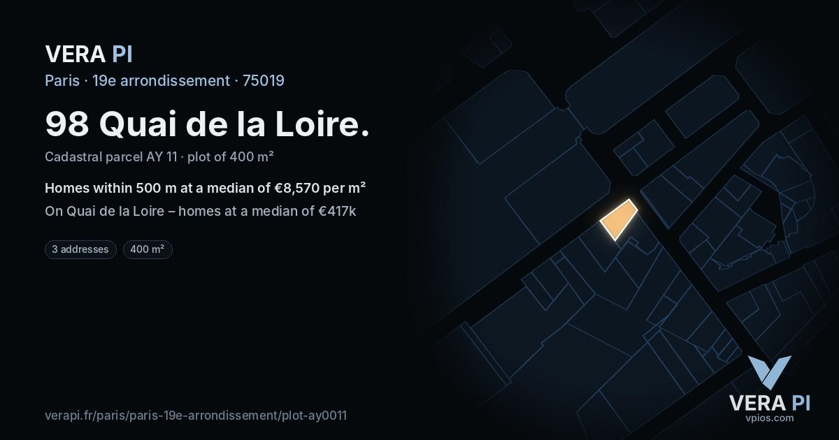 98 Quai de la Loire, 19e arrondissement at night – the plot lit, the parcels around coloured by the prices near them