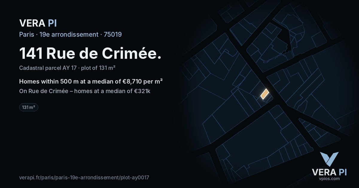 141 Rue de Crimée, 19e arrondissement at night – the plot lit, the parcels around coloured by the prices near them