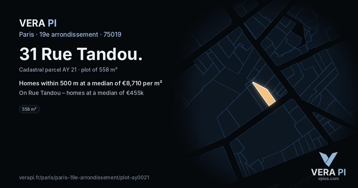 31 Rue Tandou, 19e arrondissement at night – the plot lit, the parcels around coloured by the prices near them