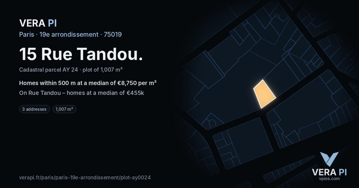 15 Rue Tandou, 19e arrondissement at night – the plot lit, the parcels around coloured by the prices near them
