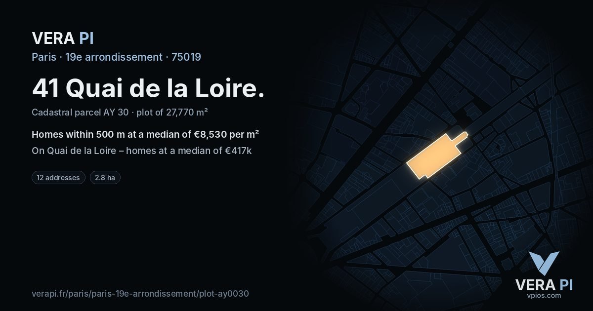 41 Quai de la Loire, 19e arrondissement at night – the plot lit, the parcels around coloured by the prices near them