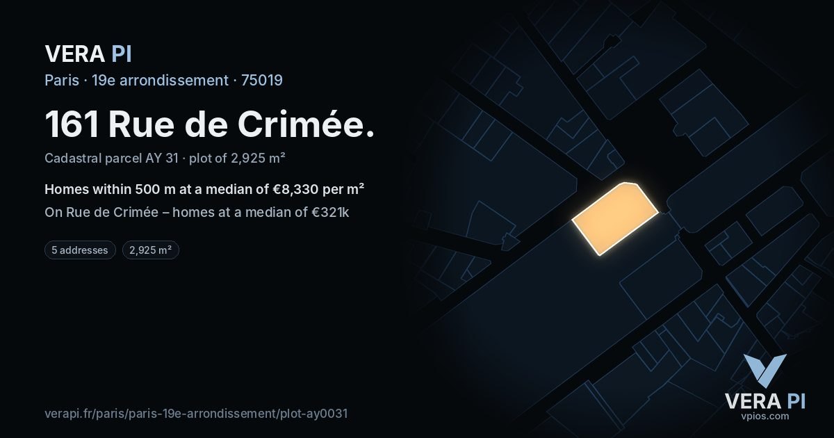 161 Rue de Crimée, 19e arrondissement at night – the plot lit, the parcels around coloured by the prices near them