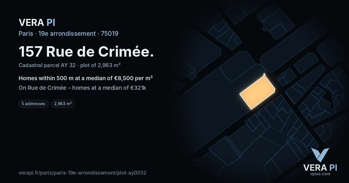 157 Rue de Crimée, 19e arrondissement at night – the plot lit, the parcels around coloured by the prices near them