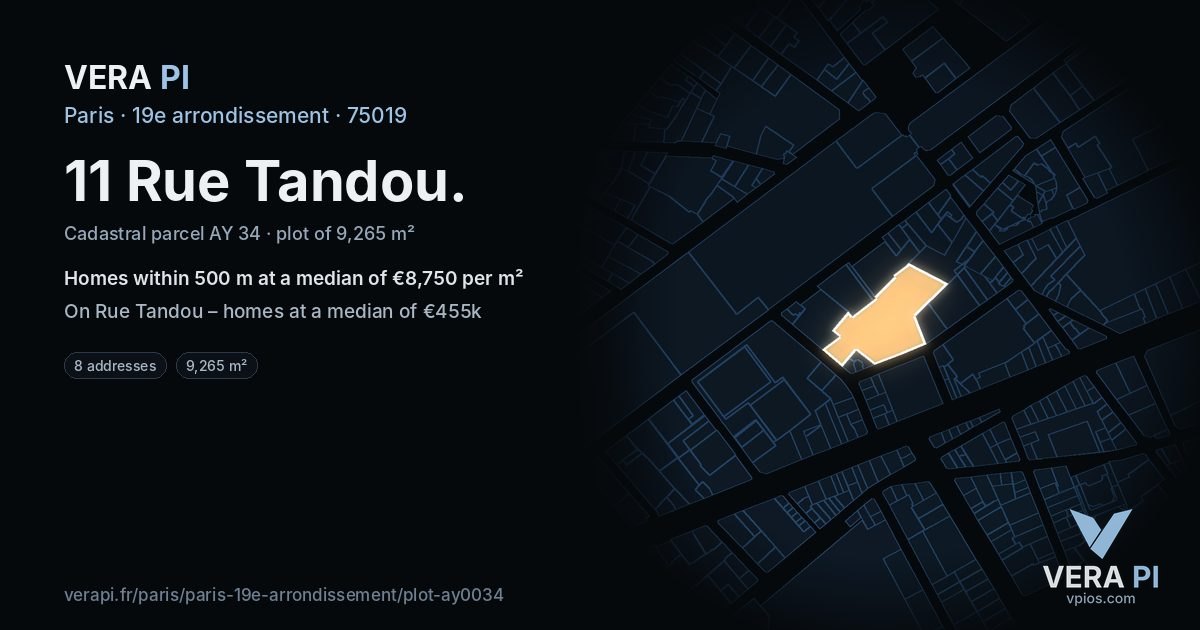 11 Rue Tandou, 19e arrondissement at night – the plot lit, the parcels around coloured by the prices near them
