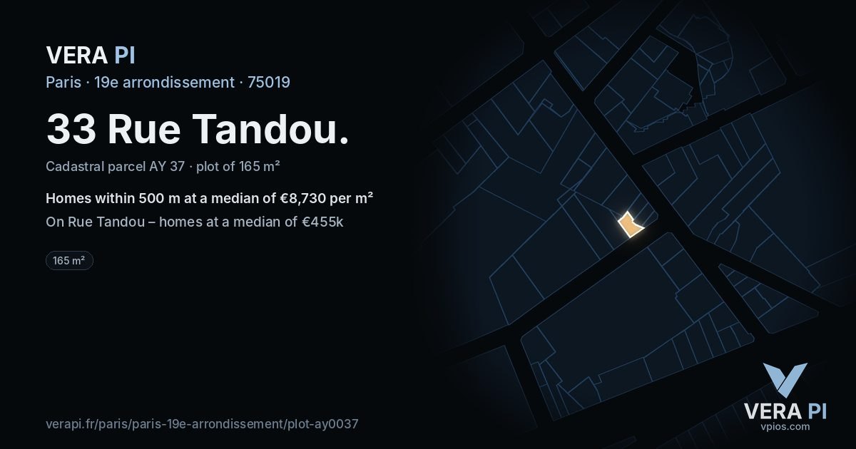 33 Rue Tandou, 19e arrondissement at night – the plot lit, the parcels around coloured by the prices near them