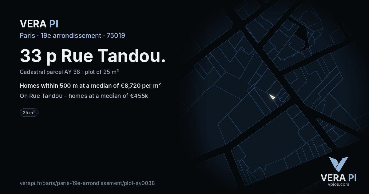 33 p Rue Tandou, 19e arrondissement at night – the plot lit, the parcels around coloured by the prices near them
