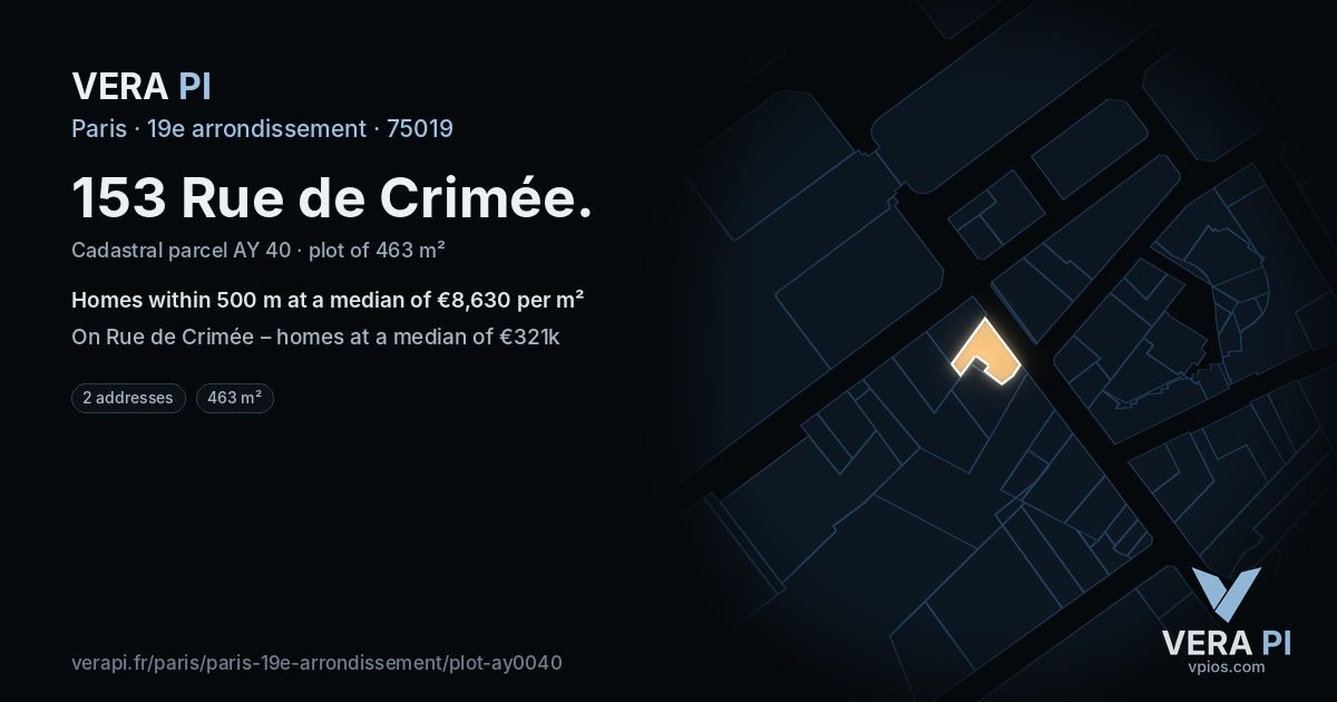 153 Rue de Crimée, 19e arrondissement at night – the plot lit, the parcels around coloured by the prices near them