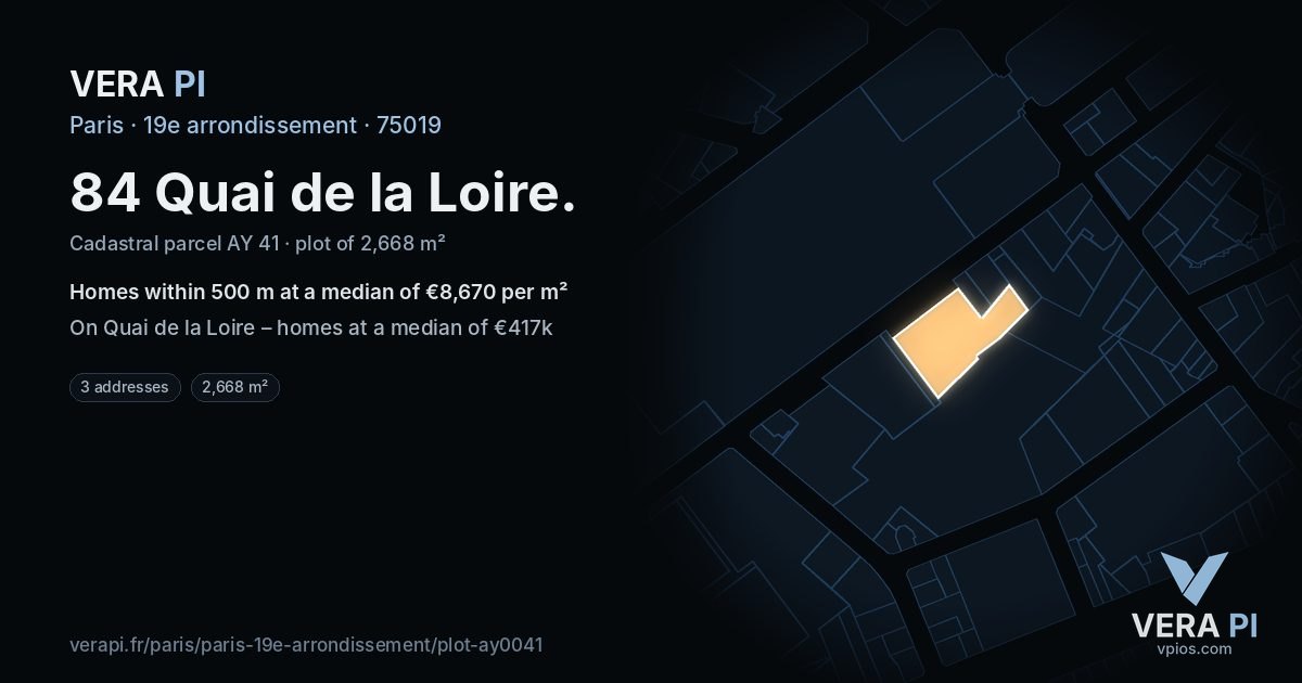 84 Quai de la Loire, 19e arrondissement at night – the plot lit, the parcels around coloured by the prices near them