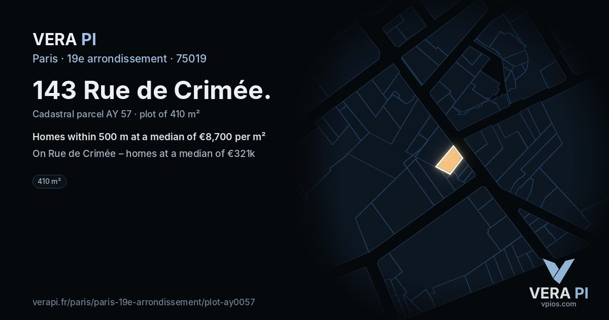143 Rue de Crimée, 19e arrondissement at night – the plot lit, the parcels around coloured by the prices near them