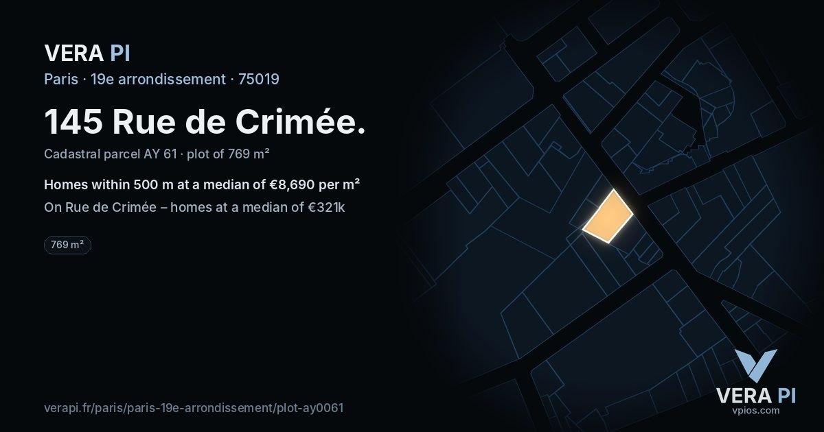 145 Rue de Crimée, 19e arrondissement at night – the plot lit, the parcels around coloured by the prices near them