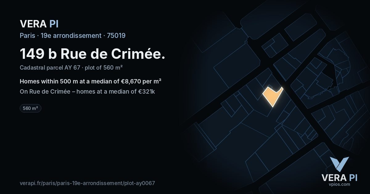 149 b Rue de Crimée, 19e arrondissement at night – the plot lit, the parcels around coloured by the prices near them