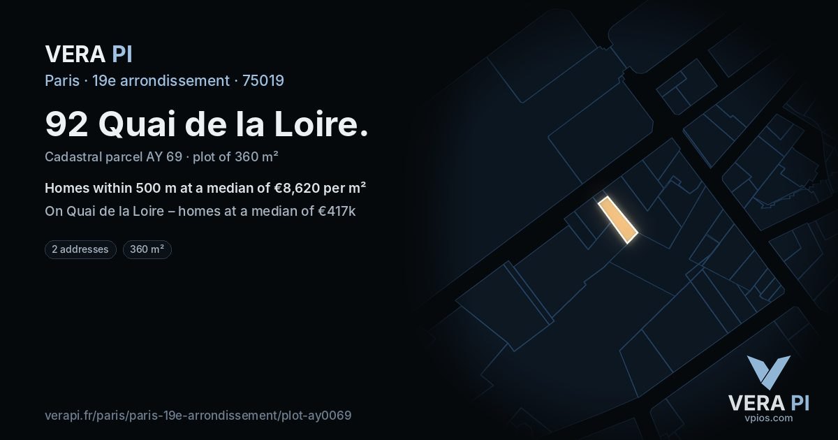 92 Quai de la Loire, 19e arrondissement at night – the plot lit, the parcels around coloured by the prices near them