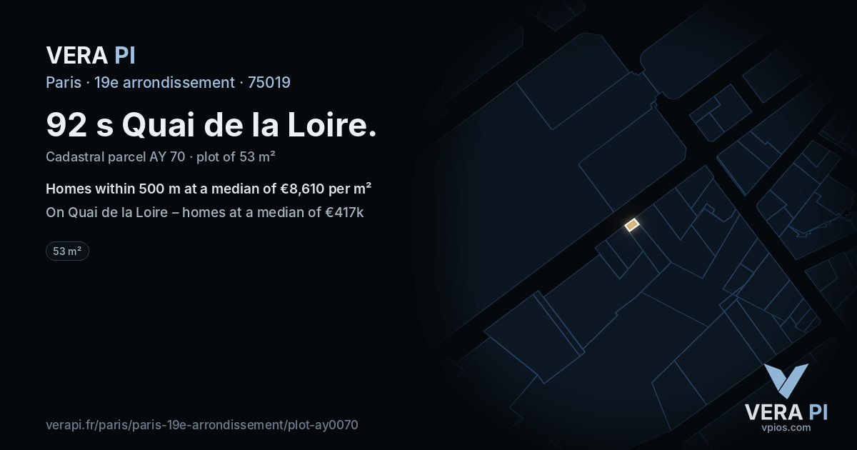92 s Quai de la Loire, 19e arrondissement at night – the plot lit, the parcels around coloured by the prices near them