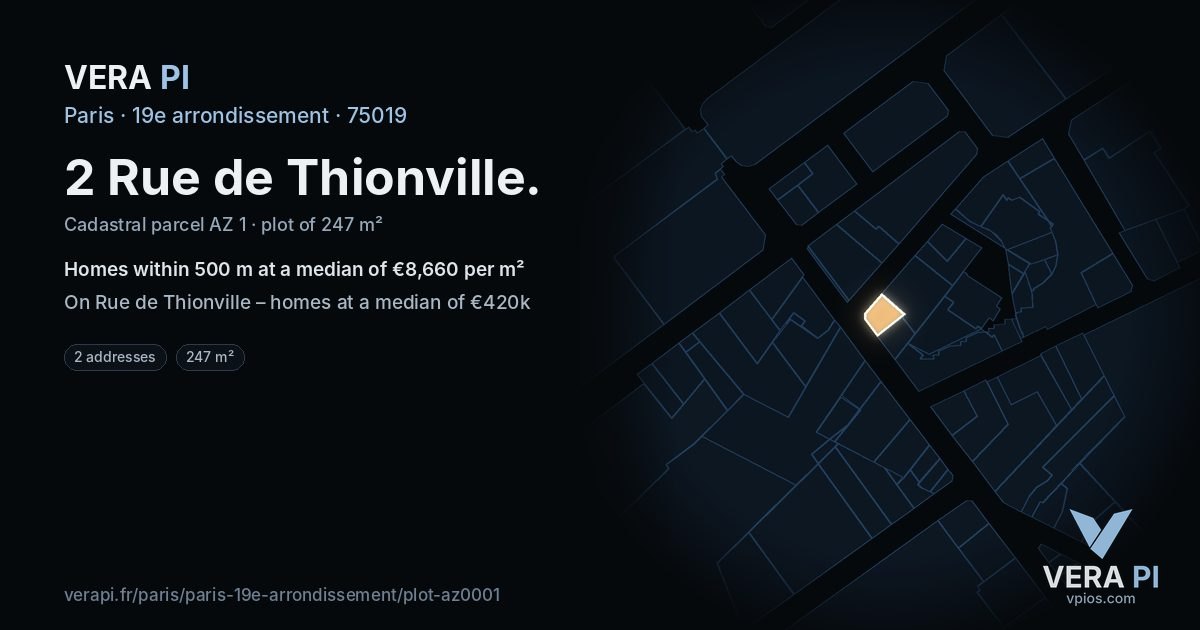 2 Rue de Thionville, 19e arrondissement at night – the plot lit, the parcels around coloured by the prices near them