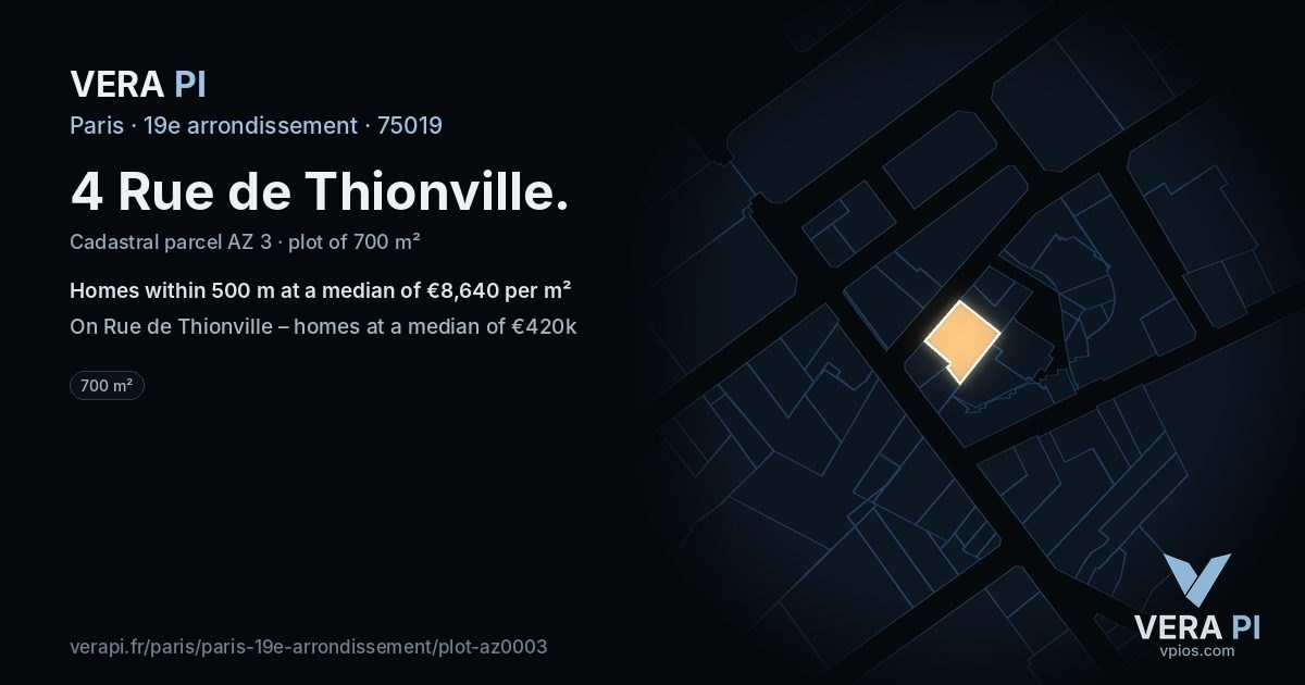 4 Rue de Thionville, 19e arrondissement at night – the plot lit, the parcels around coloured by the prices near them