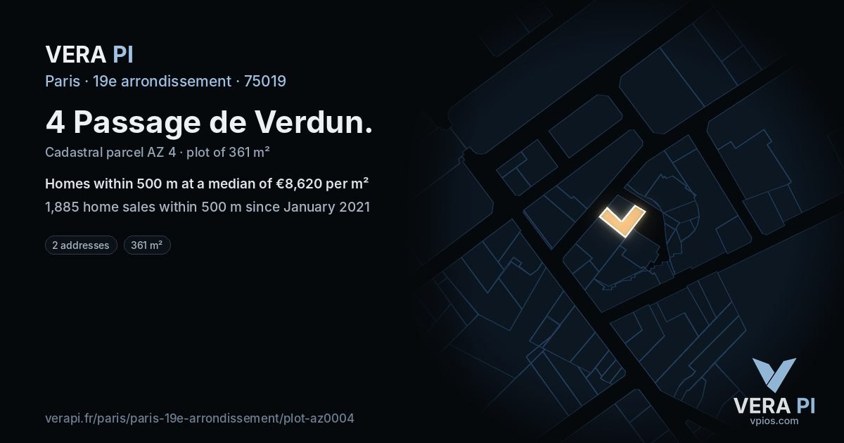 4 Passage de Verdun, 19e arrondissement at night – the plot lit, the parcels around coloured by the prices near them