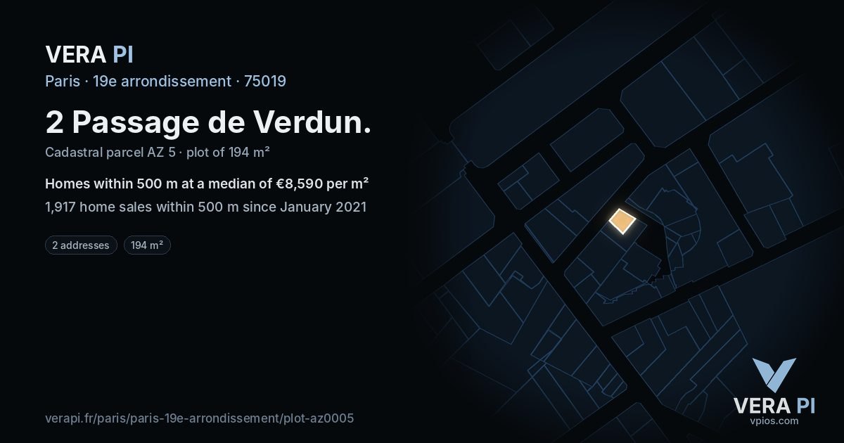 2 Passage de Verdun, 19e arrondissement at night – the plot lit, the parcels around coloured by the prices near them