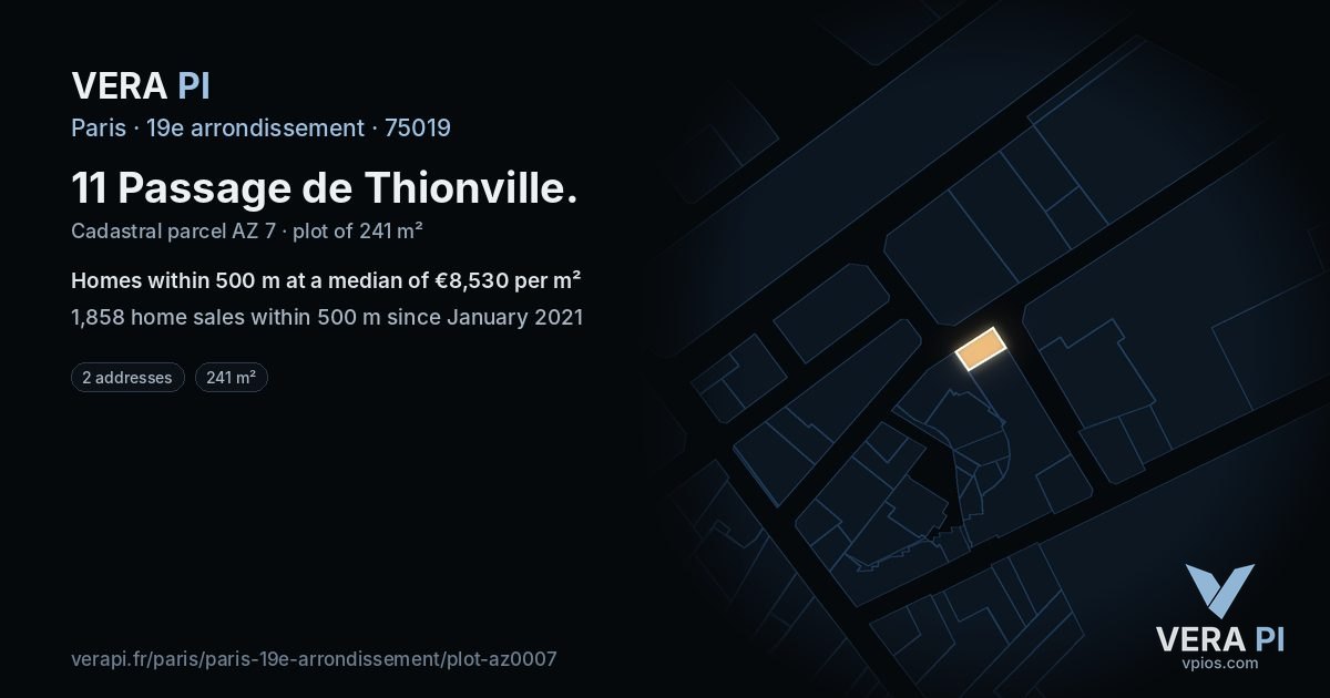 11 Passage de Thionville, 19e arrondissement at night – the plot lit, the parcels around coloured by the prices near them