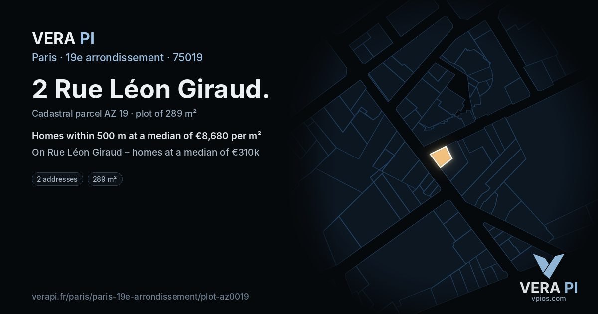 2 Rue Léon Giraud, 19e arrondissement at night – the plot lit, the parcels around coloured by the prices near them